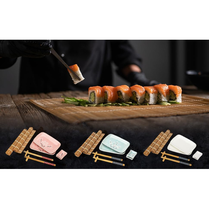 Набір для суші Exzact (10 шт.) – 2 тарілки, 2 миски для соусу, 2 підставки під столові прилади, 2 пари паличок для їжі – преміум-порицелан, подарункова коробка