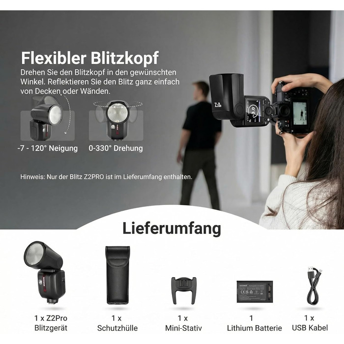 NEEWER Z2PRO-C: Світловий спалашок Speedlite з TTL, сумісний з Canon та Godox, 76Ws, 1/8000s HSS, 3000mAh