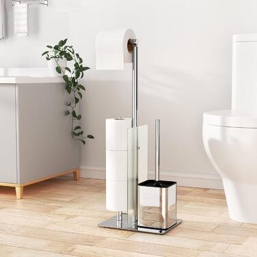 Stainless Steel Toilet Paper Holder Stand with WC Brush - Free Standing Toilet Brush and Toilet Paper Roll Holder with Glass Shelf (Silver)
