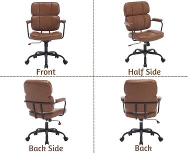 Офісний крісло з штучної шкіри, 360° обертання, регульована висота, ергономічний комп'ютерний стілець з підлокітниками для робочого кабінету/офісу/вітальні, Колір: Коричневий