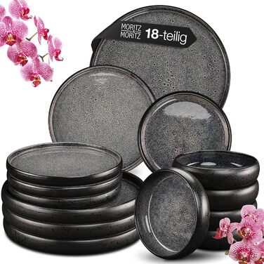Набір посуду Moritz & Moritz Massives: 18 предметів для 6 осіб - елегантні тарілки та миски з кераміки, антрацит, сумісний з мийною машиною та мікрохвильовкою