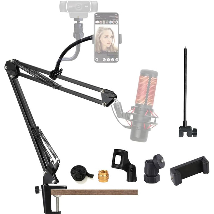 Кріплення для мікрофона на штативі (гусак) 2-в-1 з тримачем для веб-камери та телефону. Сумісний з Blue Yeti, HyperX QuadCast, Logitech C920, C930 та іншими.