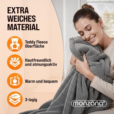 Електрична ковдра Monzana® 180x130 см, 120 Вт, 10 режимів нагріву, таймер, захист від перегріву, пральна, тепла флісова ковдра для ліжка