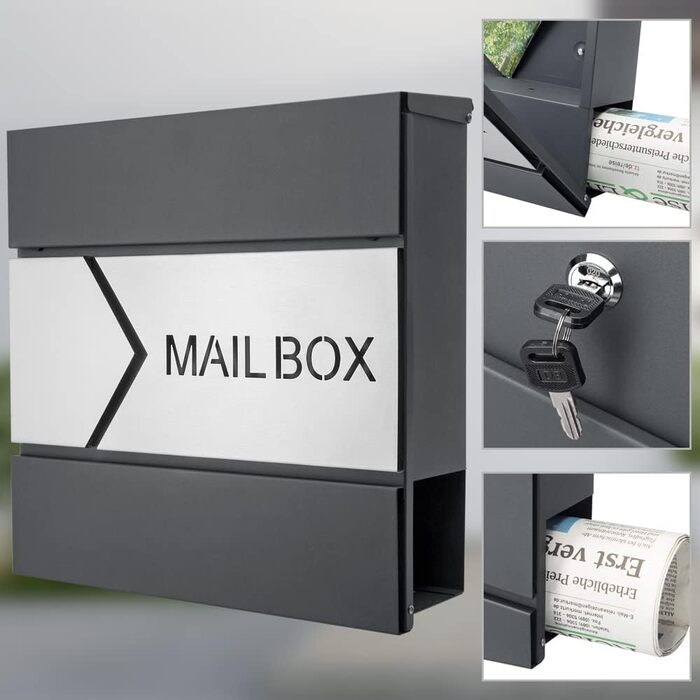 Поштовий ящик Monzana XXL з газетницею та оглядовим вікном, сталевий, антрацит, з замком та 2 ключами, для настінного монтажу