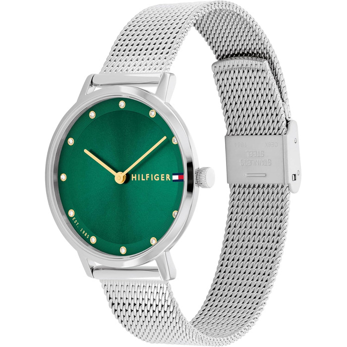 Годинник Tommy Hilfiger для жінок з кварцовим механізмом та сталевим браслетом (ланцюговим або сітчастим), з шкіряним або силіконовим ремінцем (зелений, металевий)