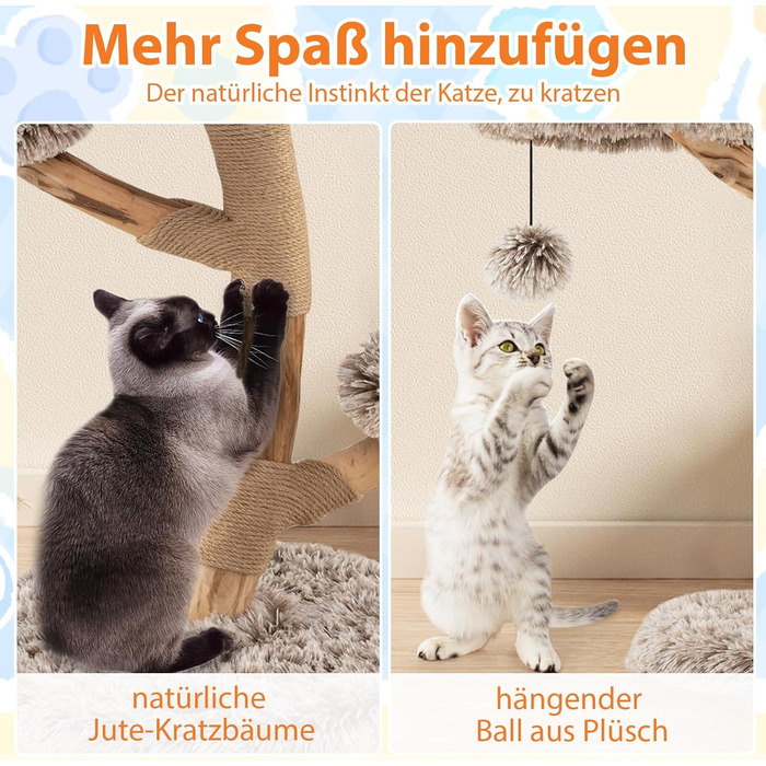 Дерев'яний кігтеточки для котів Costway 90 см, 3 м'які сидіння, джутовий кігтеточки, кігтеточки-вежа, кігтеточки для котів, масивне дерево, білий+натуральний, 1 ствол, 3 яруси