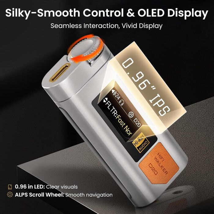 HIFI WALKER D20 DAC512: Портативний підсилювач/ЦАП для навушників – USB ЦАП Hi-Res аудіо з 4.4 мм балансним та 3.5 мм виходом, ES9038Q2M + CT7601PR, підтримка PCM 768 кГц/DSD512, алюміній, OLED дисплей, сріблястий