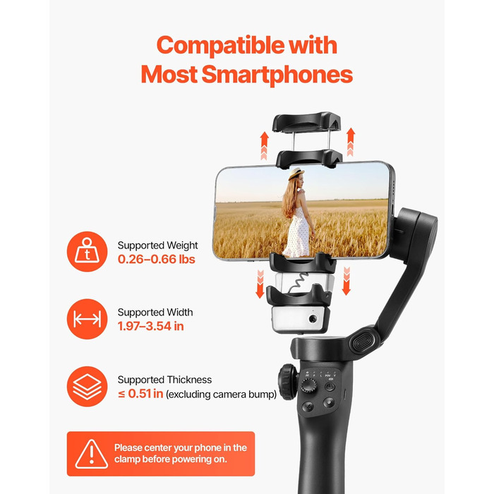 Стабілізатор для смартфона VEVOR з 3-осьовою стабілізацією, трекінг облич/об'єктів, штатив, портативний та складаний, для відеозйомки, DC 3.5–4.2V (без підсвічування, AI-трекінг)