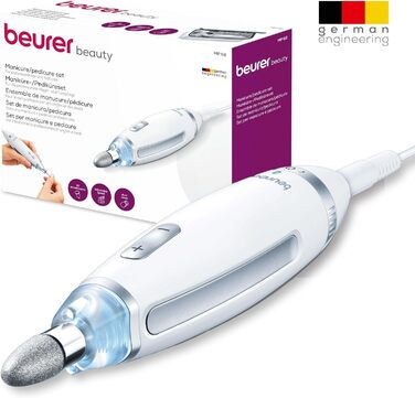 Набір для манікюру та педикюру Beurer MP 62: електрична пилка, 10 насадок, LED, регулювання швидкості, сумка, білий