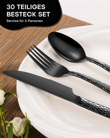 Набір столових приборів Honkku 30 предметів (6 осіб), чорний, з нержавіючої сталі, з об'ємними ручками, набір ножів, виделок та ложок, полірований, придатний для миття в посудомийній машині