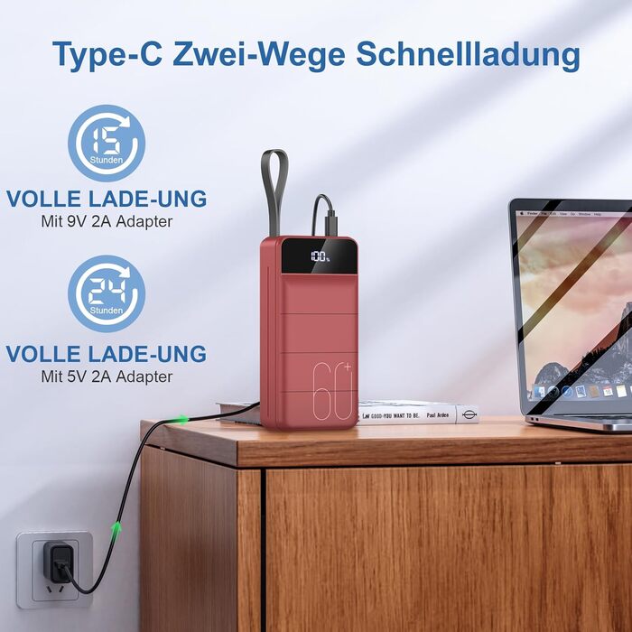 Power Bank 60000mAh 22.5W PD USB-C Чорвоний – Зовнішній акумулятор для смартфонів, планшетів