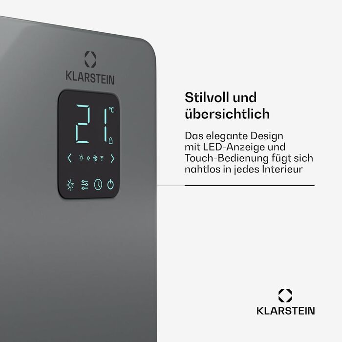 Klarstein Bansin Crystal Smart конвекторний обігрівач – 1500 Вт, настінний/вільний, LED-дисплей, керування через додаток, енергоефективний, захист від перегріву та замерзання, блокування від дітей, ідеально для вітальні
