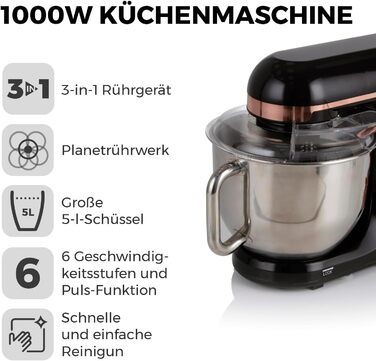 Tower 1000W 3-in-1 Stand Mixer with 6 Speed Settings & Pulse - Rose Gold