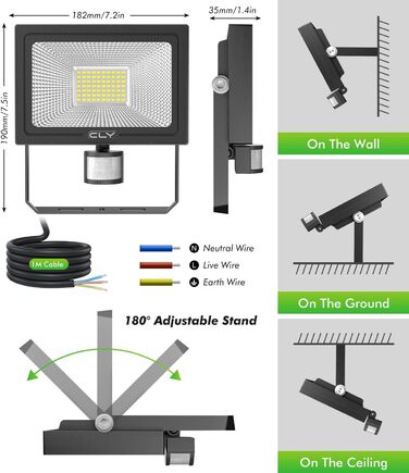 CLY 60W LED Floodlight with Motion Sensor, Remote Control, 5640LM, 6500K Cool White, IP66 Waterproof Outdoor Floodlight with Sensor, 4 Modes, 10 Brightness Levels, Spotlight for Garage, Garden, Yard