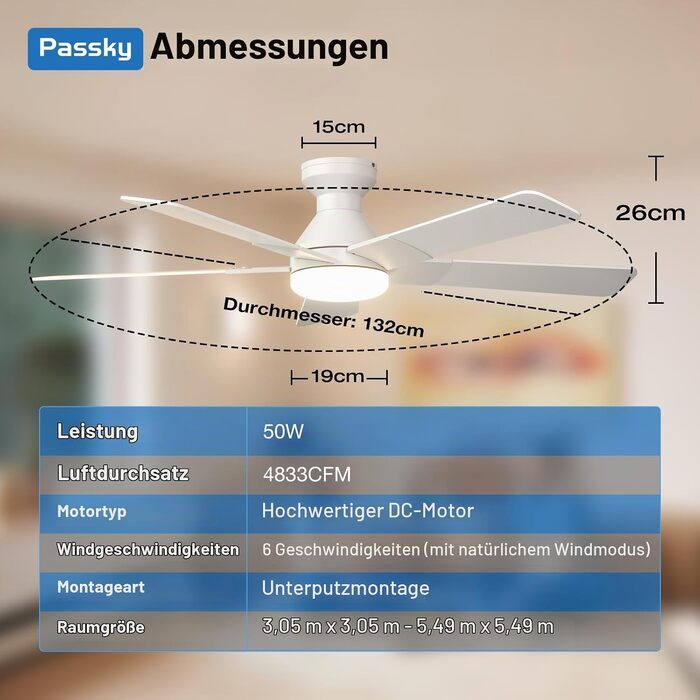 Стельовий вентилятор з освітленням Passky 132 см, білий: LED-лампа з 3 режимами світла, DC-мотор, 6 швидкостей, пульт керування, реверсивний режим (літо/зима) для вітальні та спальні