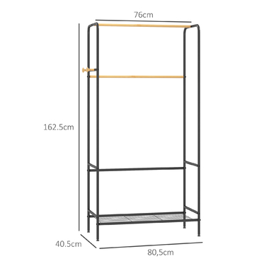HOMCOM Clothes Rack Coat Stand with 2 Clothes Rails and Shelf, Coat Rack with Hooks for Bedroom and Hallway, Bamboo Black