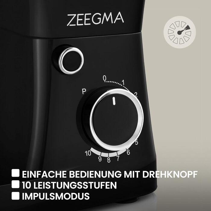 Кухонний комбайн ZEEGMA PLANEET EASY 1500W, 5.2 л, 10 швидкостей, з набором насадок (міксер, гачок, вінчик), чорний