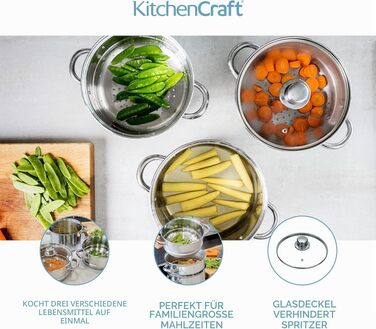 Набір каструль KitchenCraft з пароваркою, 3 предмети, нержавіюча сталь, для індукційних плит, 22 см, сріблястий