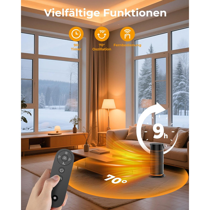 Електричний обігрівач 2000W з PTC-керамічним нагрівачем, тихий, з пульт дистанційного керування, таймером, поворотним механізмом 70° та LED-дисплеєм. Підходить для офісу, спальні, ванної кімнати, дому. Чорний, без полум'я.