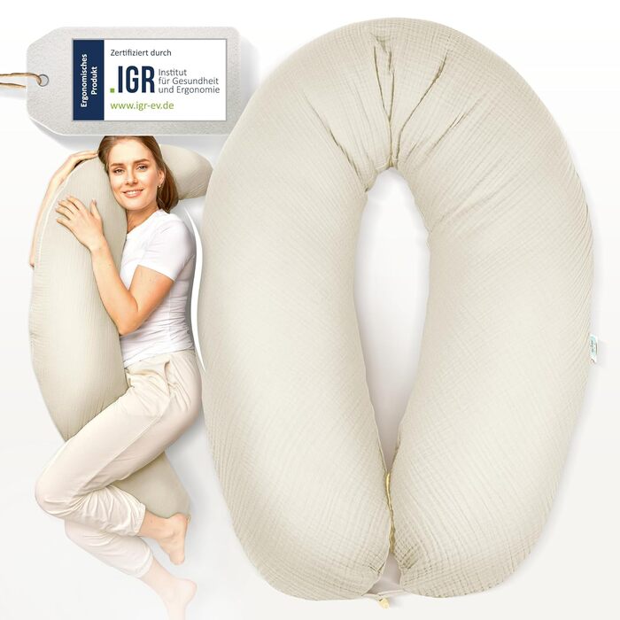 Подушка для годування sei Design XXL 190x30 см з мусліновою наволочкою, ергономічна, для вагітних, для сну на боці, комфортна подушка для дорослих, наволочка з 100% органічної бавовни муслін