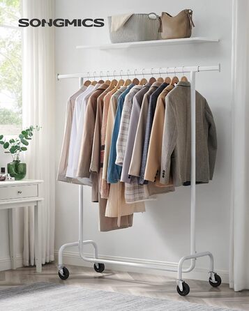 SONGMICS Clothes Rack with Wheels, Garment Rack, Heavy Duty, Extendable Clothes Rod, Holds up to 110 kg, 45 x (160-200) x 162.9 cm, Metal, Chrome, HSR176E01 ((110-150)B cm, Mattweiß)