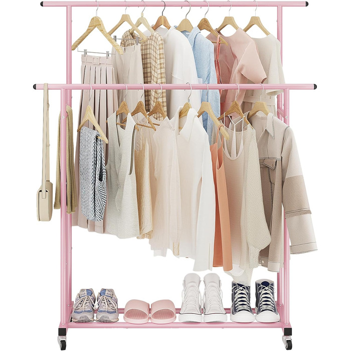 Clothes Rack with Double Rod, Rolling Clothes Rack, Portable Clothes Rack for Bedroom, Living Room, Clothing Store (Pink)