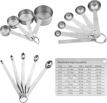 Smithcraft Measuring Cup and Spoon 16-Piece Set, 18/8 Stainless Steel, 4 Cups + 10 Spoons + 1 Leveler + 1 Equivalent, Silver