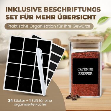 Stackable Spice Jars Set 150 ml Square - 12 Pieces - Airtight Glass Storage Containers - Bamboo Wood Lids - with Labels & Chalk Pen - Spice Storage, Kitchen Organization, Storage Jar
