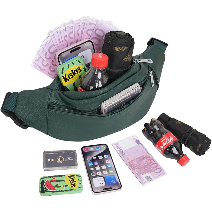 Поясна сумка на пояс для чоловіків та жінок з PU шкіри, спортивна сумка через плече, сумка на стегно для подорожей, хайкінгу, дресирування собак та активного відпочинку (Зелена)