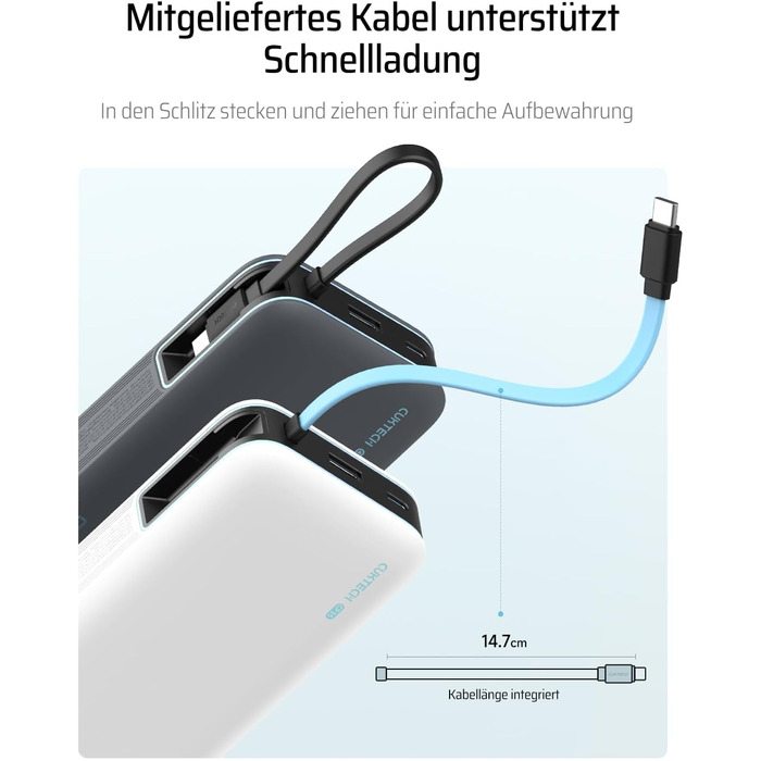 Power Bank CUKTECH 20000mAh з USB-C кабелем, 45W, Digital Display, для iPhone, MacBook, Galaxy, темно-сірий