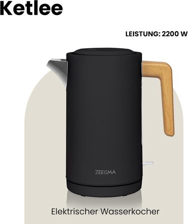 Електричний чайник ZEEGMA KETLEE 1,7 л бездротовий, з нержавіючої сталі, для чаю та кави, 2200 Вт, індикатор рівня води, автоматичне відключення, сучасний дизайн (білий/чорний)