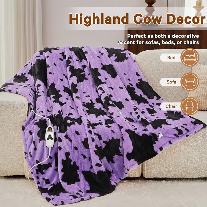 Електрична гріюча ковдра з принтом 'Корова', подвійний розмір, 157 x 213 см, фіолетовий колір, 10 режимів нагріву, автоматичне вимкнення через 8 годин, флісова та шерпа ковдра, тепла, подарунок для жінок, 62'x84' ковдра з принтом 'Високогірна корова'