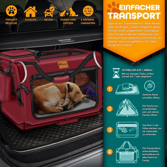ТRESKO® Транспортна переноска для собак та котів, складана, з підкладкою, лопаткою та світловідбивачами, 50x34x34 см | Переноска для собак, велика, червона