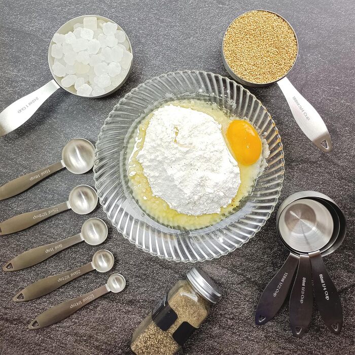 Measuring cup and spoon set, robust, stainless steel measuring cups and spoons, 20 pieces: 5 measuring cups, 6 measuring spoons, 5 mini measuring cups, conversion chart for measuring cups and spoons.