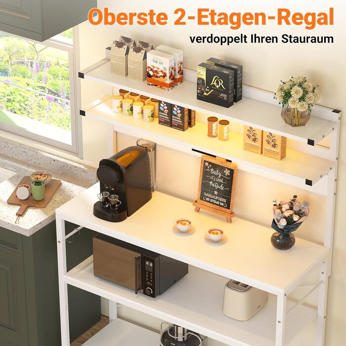 Кухонна полиця-стійка з розеткою, підставка для мікрохвильовки, 5-рівнева кавобара з LED-підсвічуванням, 80 см, білий колір