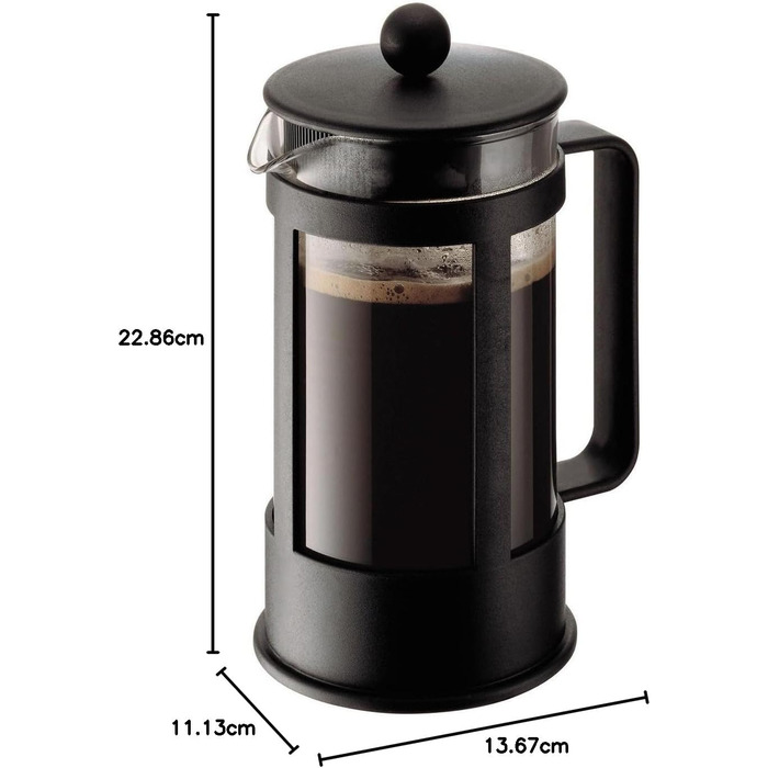 Bodum Kenya Френч-прес для кави - 1л, 8 чашок, з боросилікатного скла та нержавіючої сталі, миється в посудомийній машині, Made in Portugal, чорний