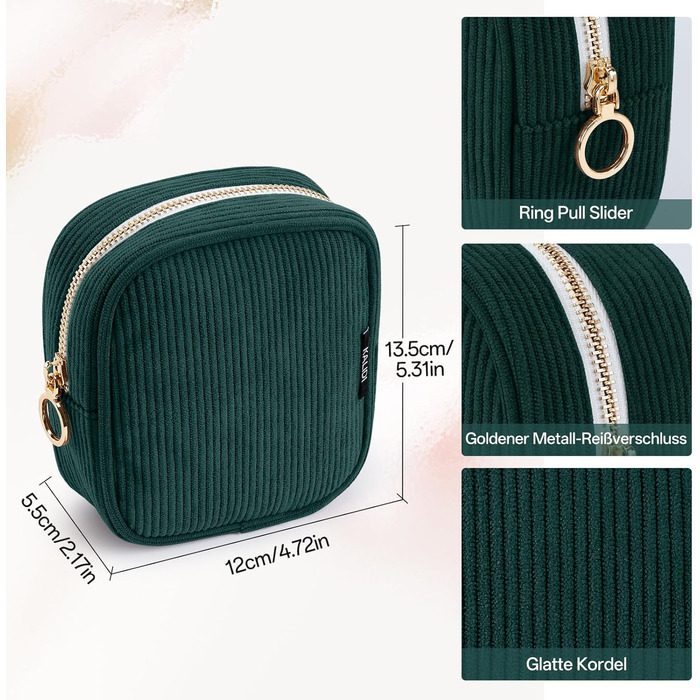 Косметичка для жінок KALIDI з корду, зручна для подорожей, з відділеннями, металева блискавка, темно-зелена