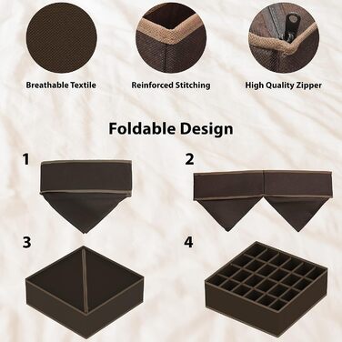 Styleys Set of 4 Foldable Storage Boxes, Drawer Dividers, Odorless Interior Lining, Storage Boxes, Closet Organizer, Under Bed Organizer for Clothes, Shoes, Underwear, Bras (Brown - S1014)