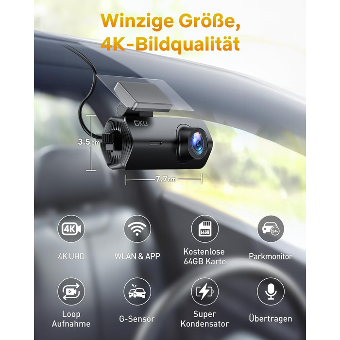 Відеореєстратор GKU 4K Auto з Wi-Fi, 170° кут огляду, Нічне бачення, WDR, 24H паркування, G-сенсор, в комплекті SD-карта 64GB, Чорний