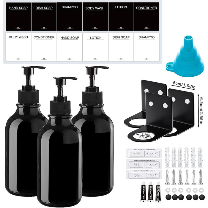 Soap Dispenser Wall Mount No Drilling, 3-Piece Set 500ml Soap Dispenser Wall Shampoo Dispenser Shower Dish Soap Dispenser Shampoo Dispenser for Kitchen Bathroom (Black2)