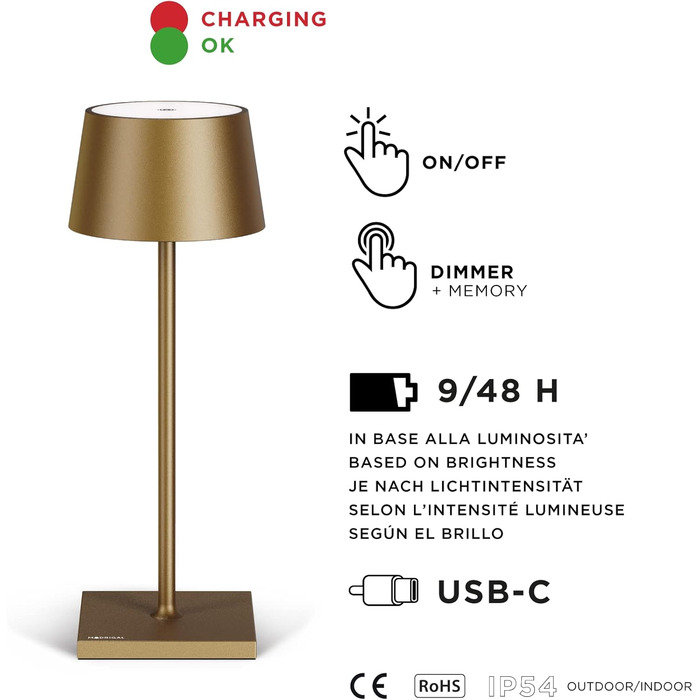 Стильна LED-лампа Stilosa на акумуляторі, бездротова, диммувана, з сенсорним керуванням, USB-C, для дому та на вулицю, квадратний цоколь, темно-золотий (30 см)