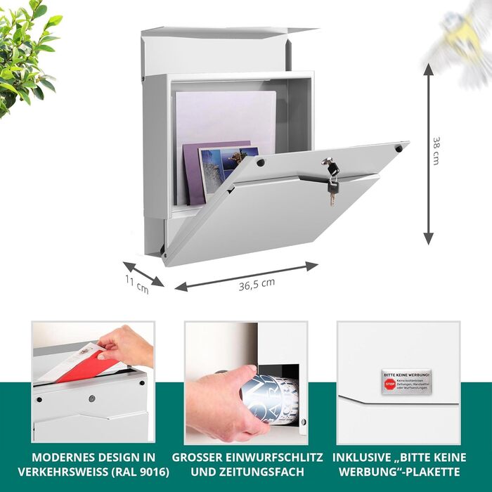 Поштовий ящик білий з газетницею TRELLEBORG (RAL 9016), персоналізований, з цинкової сталі з ім'ям сім'ї, вулицею та номером будинку, комплект для монтажу (2 прізвища)