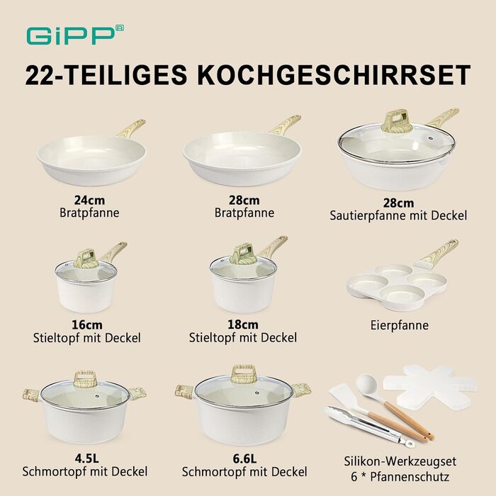 Набір посуду GipP з керамічним покриттям Antihaft (22 частини) – антипригарний посуд, безпечний та миючий посуд, без PFAS, PTFE, PFOA, PFOS