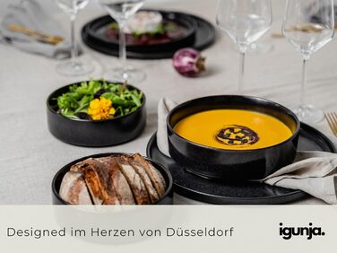 Igunga Stoneware Dinnerware Set - 12 Piece Service for 4 | Reactive Glaze, Matte Black & Glossy Interior Bowls | Premium Handcrafted Tableware