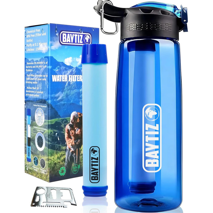 Water Bottle + Straw Filter + Carabiner - Water Filter Outdoor with Activated Carbon - Sports Survival Camping Hiking Survival Water Bottle Straw Water Purifier Life Filter System Straw