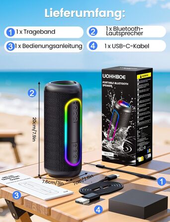 Портативна Bluetooth колонка UOHHBOE 30W з RGB підсвічуванням, TWS Stereo, 24 години роботи, IPX5 водонепроникність
