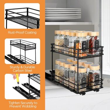 VINATO Висувна полиця для спецій на 2 яруси – органайзер для кухні з роликовими направляючими, підставка для спецій у шафку, полиця для спецій без свердління (26x15x21,8 см)