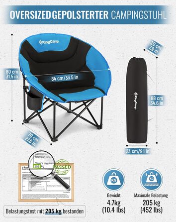 Крісло для кемпінгу KingCamp Moonchair XXL: зручне, м'яке, для відпочинку на природі, саду, риболовлі. Макс. 205 кг, з кишенею для напоїв та високою спинкою (Блакитний)