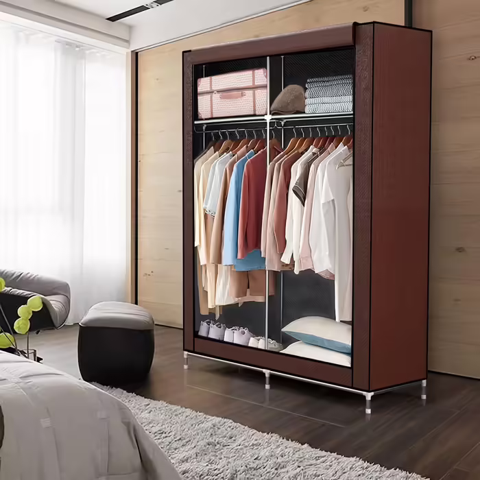 Folding Wardrobe 108x45x170 cm in GRAY - Fabric wardrobe with zipper and clothes rail, side pocket and compartments - shelf, metal frame, storage (Beaver Brown)