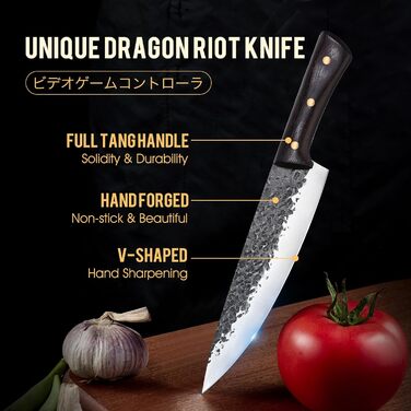 Ніж кухарський DRAGON RIOT професійний, ручної роботи, японський у стилі вікінгів, 22 см. Ніж для м'яса, для кухні, грилю, кемпінгу, BBQ. З піхвою.
